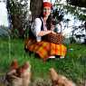 Girl feeds chickens