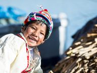 Little kids from reed islands of Uros