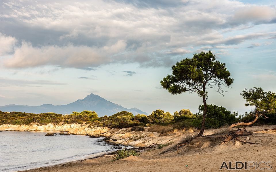 Karidi beach and Mount Athos